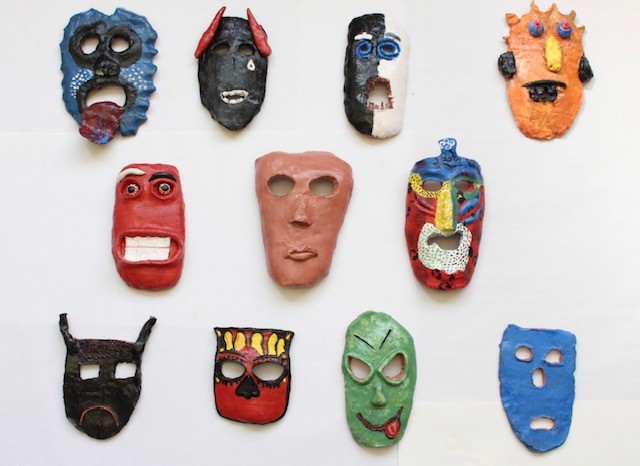 Masks - Air Dry clay with acrylic paint<br />
Created by incarcerated youths at a correctional facility