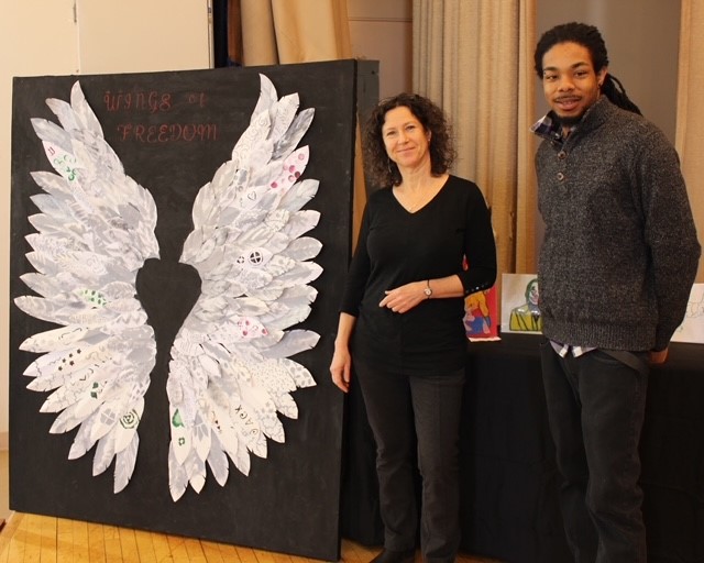 Wings Of Freedom -Collage with acrylic paint - Created by incarcerated youth at a correctional facility<br />
Sharon Alexander with co-facilitator Adam Reid